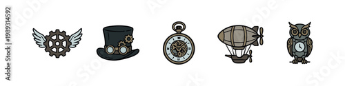 Vintage Steampunk Theme Hand Drawn Vector Icons Set