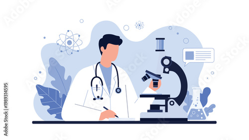 Detailed laboratory illustration showing male scientist in white coat using microscope for medical research with chemical flasks and atom symbols.