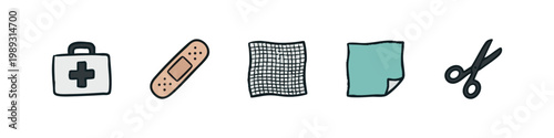 First Aid Icons: First Aid Kit, Bandage, Gauze, Paper, Scissors