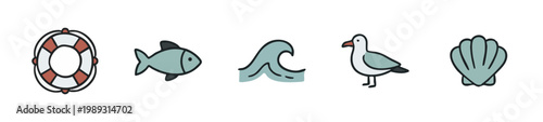 Ocean Icons: Lifebuoy, Fish, Wave, Seagull, Seashell
