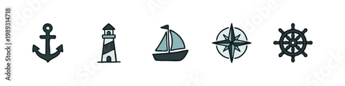 Nautical Icons: Anchor, Lighthouse, Sailboat, Compass, Ship Wheel