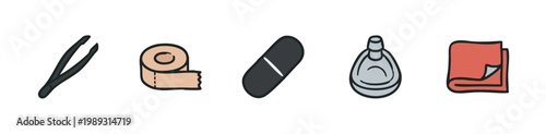 Medical Tools Icons: Tweezers, Bandage, Pill, Mask, Cloth