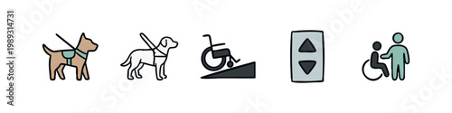 Disability Support Icons: Guide Dog, Service Dog, Wheelchair Ramp, Elevator, Assistance