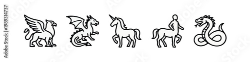 Line art mythical creatures: griffin, dragon, unicorn, centaur, hydra
