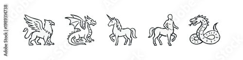 Mythical creatures doodle icons: griffin, dragon, unicorn, centaur, hydra