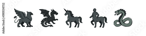 Colored mythical creature icons: griffin, dragon, unicorn, centaur, hydra