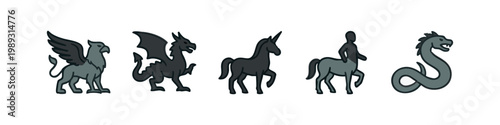 Colored mythical creature icons: griffin, dragon, unicorn, centaur, hydra