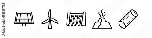Line art energy source icons: solar panel, wind turbine, dam, volcano, log