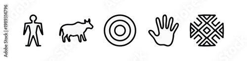 Line art prehistoric icons: human figure, bull, concentric circles, hand, symbol