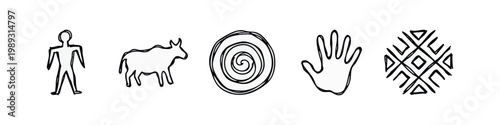 Prehistoric art doodle icons: human figure, bull, spiral, handprint, symbol