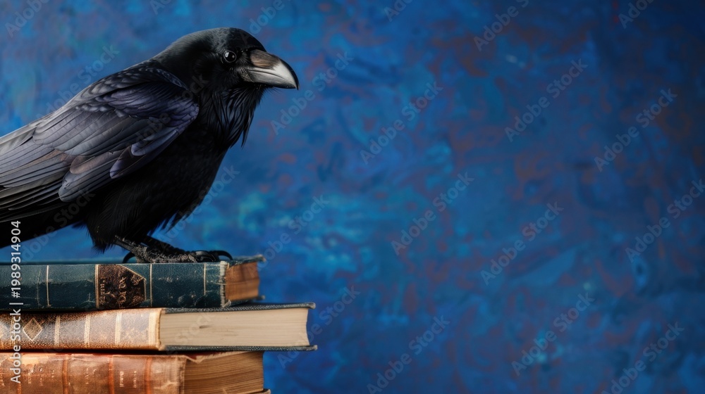 Fototapeta premium Raven Perched on Stack of Antique Books Against a Vibrant Blue Background with Artistic Texture