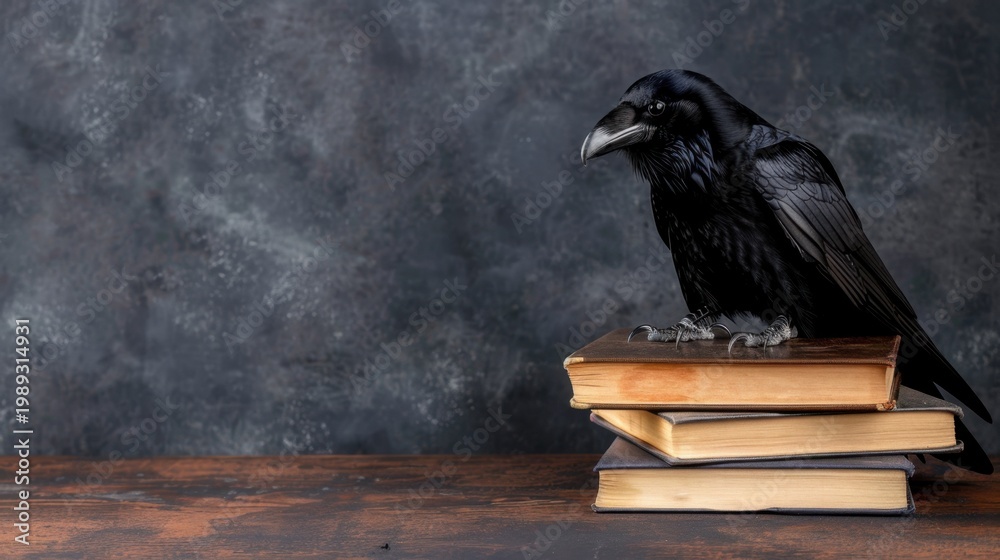 Fototapeta premium A Mysterious Black Raven Perched on Stacks of Old Books Against a Dark Textured Background