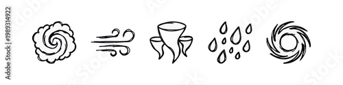 Set of hand-drawn icons representing weather phenomena and natural disasters