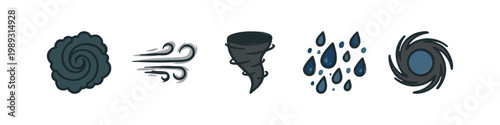 Set of dark-colored hand-drawn icons representing weather phenomena and natural disasters