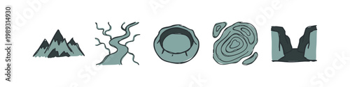 Set of five stylized icons with muted colors representing natural landscapes and geological formations