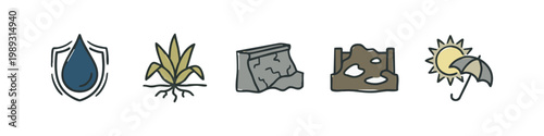 Set of colorful hand-drawn icons representing water, plants, construction, and weather protection