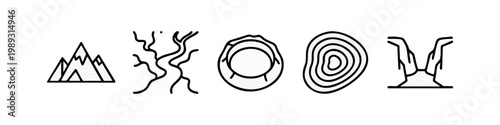 Set of five stylized icons representing natural landscapes and geological formations