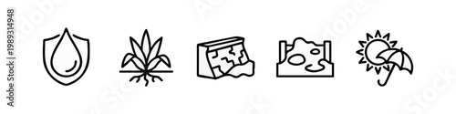 Set of line art icons representing water, plants, construction, and weather protection