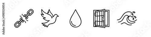 Set of line art icons representing freedom, peace, and emotional states