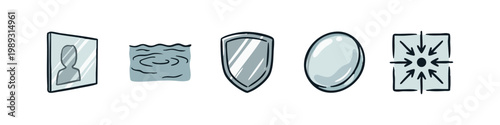 Set of line art icons representing reflection, water, protection, and perception