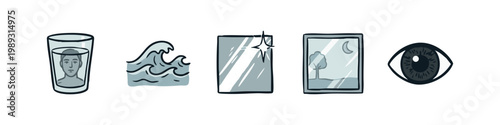 Set of hand-drawn icons representing reflection, water, and perception
