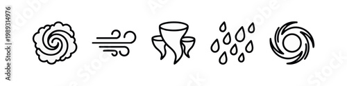 Set of line art icons representing weather phenomena and natural disasters