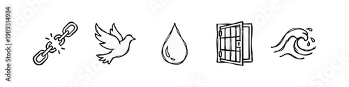 Hand-drawn icons representing freedom, peace, and emotional states