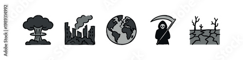 Set of dark-colored hand-drawn icons representing destruction, pollution, and death