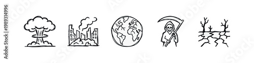 Hand-drawn icons representing destruction, pollution, and death