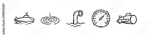 Doodle icons of submarine and nautical equipment