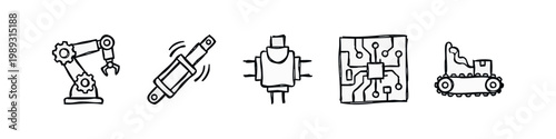 Hand-drawn icons of robotics and technology elements on a white background.