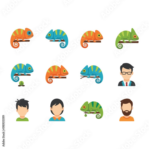 Colorful cartoon chameleons and men.