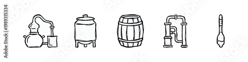 Distillation Equipment and Barrel Line Drawing Icons