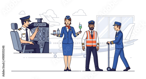 Aviation Crew: Pilot, Flight Attendant, Ground Staff, and Navigator at Airport