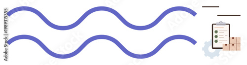 Logistics, supply chain management, shipping, workflow, fulfillment processes, inventory tracking. Wavy lines with a checklist, boxes and gear icon. Logistics and supply chain management concept