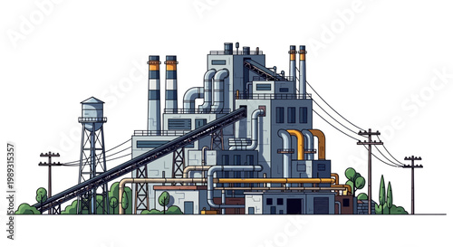 Pixel Art Industrial Factory Complex with Smokestacks and Conveyor Belt