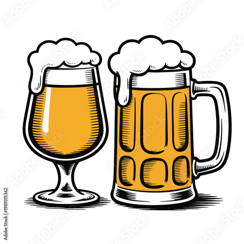 Beer glasses filled with golden ale and thick white foam sit side by side on a neutral background.