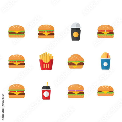 Colorful fast food icons on white.