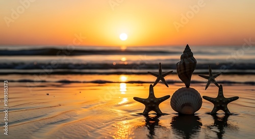 Beach, seashells, starfish, sunset, ocean, coastal, serene, peaceful atmosphere, warm light
