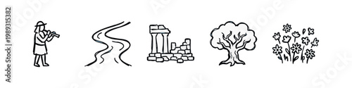 Nature and Ancient Ruins Icons Line Drawing