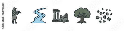 Nature and Ancient Ruins Icons Colored