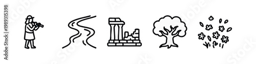 Nature and Ancient Ruins Icons Line Art