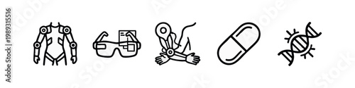 Line art icons of futuristic technology and medicine: exoskeleton, VR glasses, robotic arm, pill, DNA