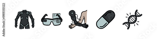 Cartoon icons representing futuristic technology and medicine: exoskeleton, VR glasses, robotic arm, pill, DNA