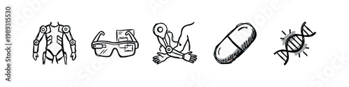 Doodle icons of futuristic technology and medicine: exoskeleton, VR glasses, robotic arm, pill, DNA