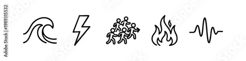 Line art icons for natural forces and movement: wave, lightning, group of people, fire, heartbeat