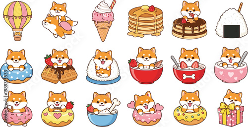 Cute shiba inu with desserts and food kawaii cartoon dog set vector illustration