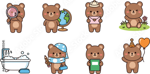 Cute teddy bear characters set with different professions and activities vector illustration