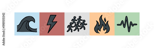 Icons on colored squares representing natural forces and movement: wave, lightning, group, fire, heartbeat
