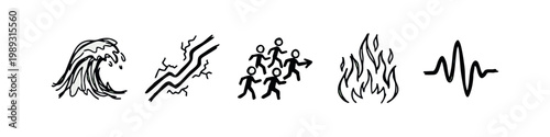 Hand-drawn icons for natural forces and movement: wave, lightning, group of people, fire, heartbeat
